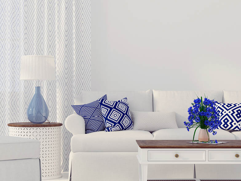 Well organized living room, white and blue decorations