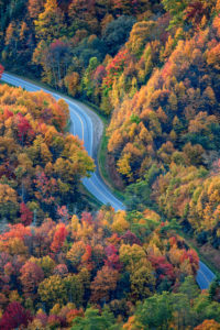 Newfound Gap Road, US Route 441, cuts through Great Smoky Mountains National Park on an autumn morning.