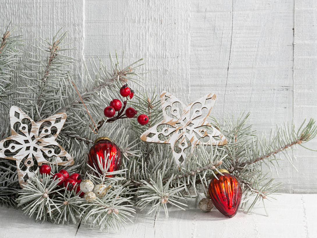 grey tinsel with silver stars and ornaments