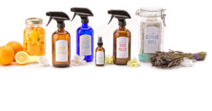 Collection of homemade cleaners in bottles