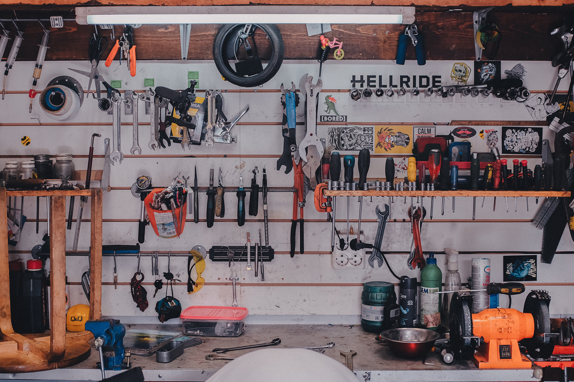 Various tools attached to a wall in a garage