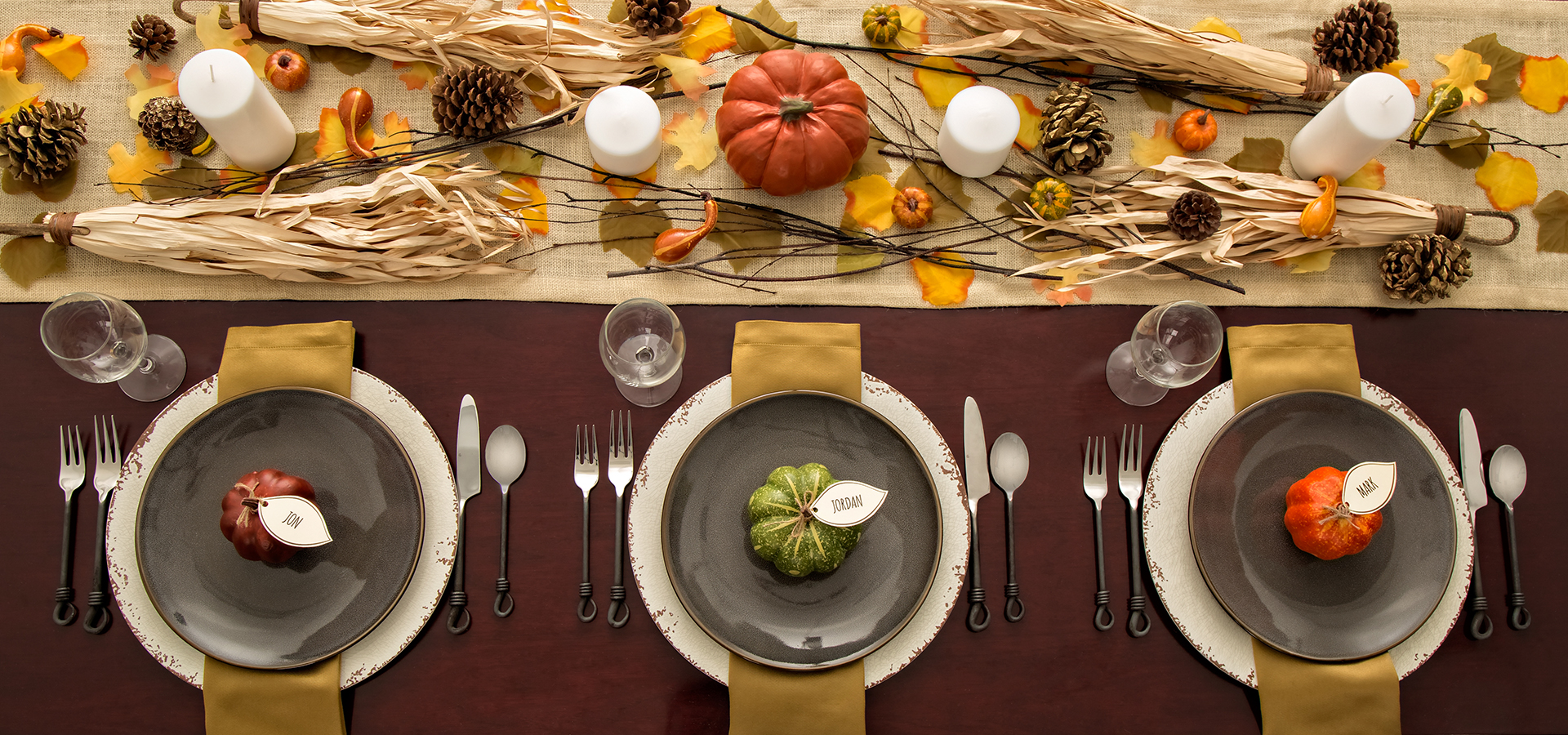 Thanksgiving themed tablescape and place settings