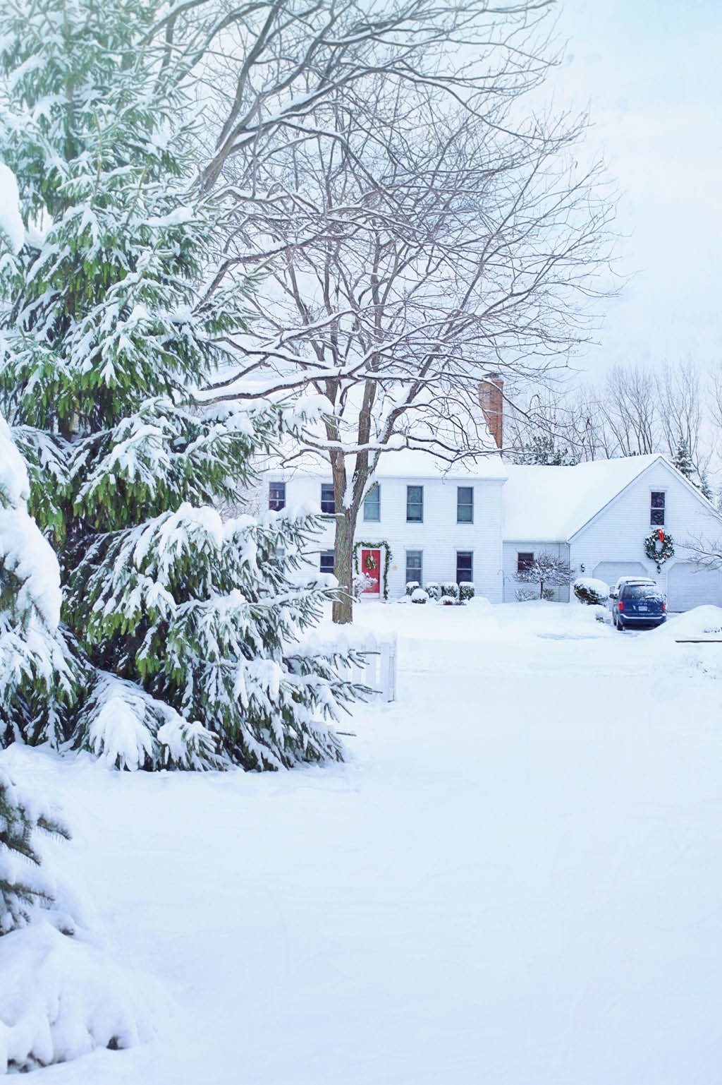 Snowy scene outside residential home