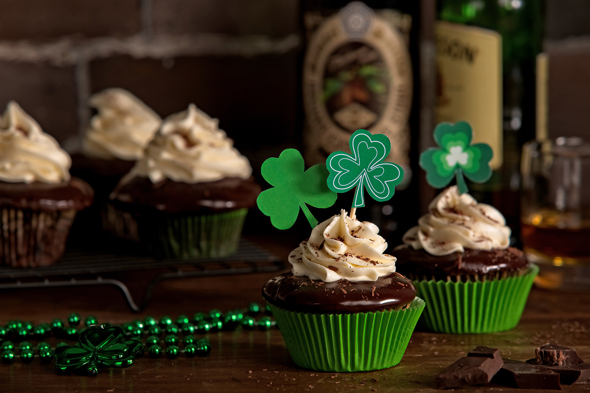 Chocolate Irish stout cupcakes with shamrock clover cake toppers