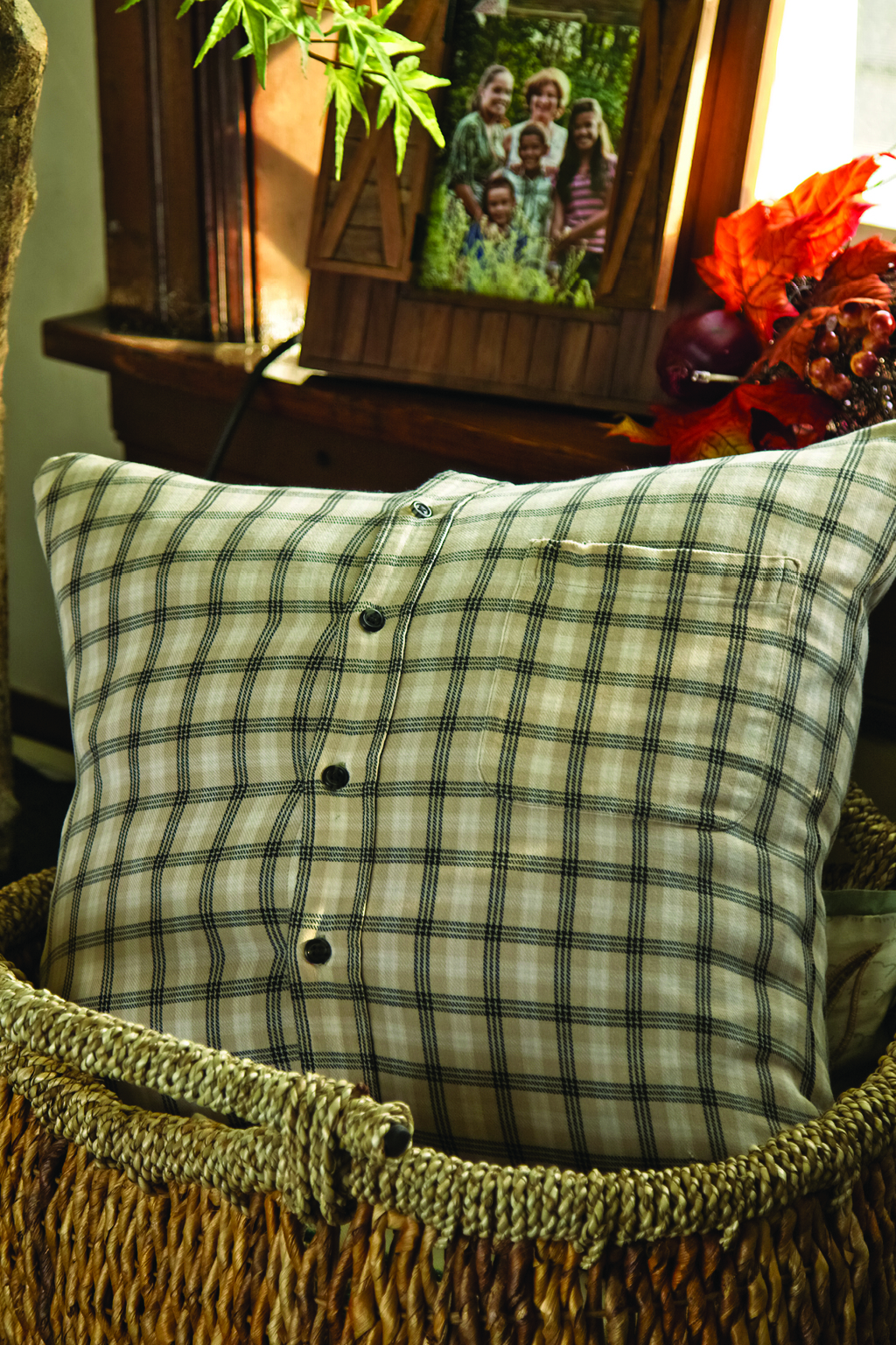 Blue and white checkered pillow