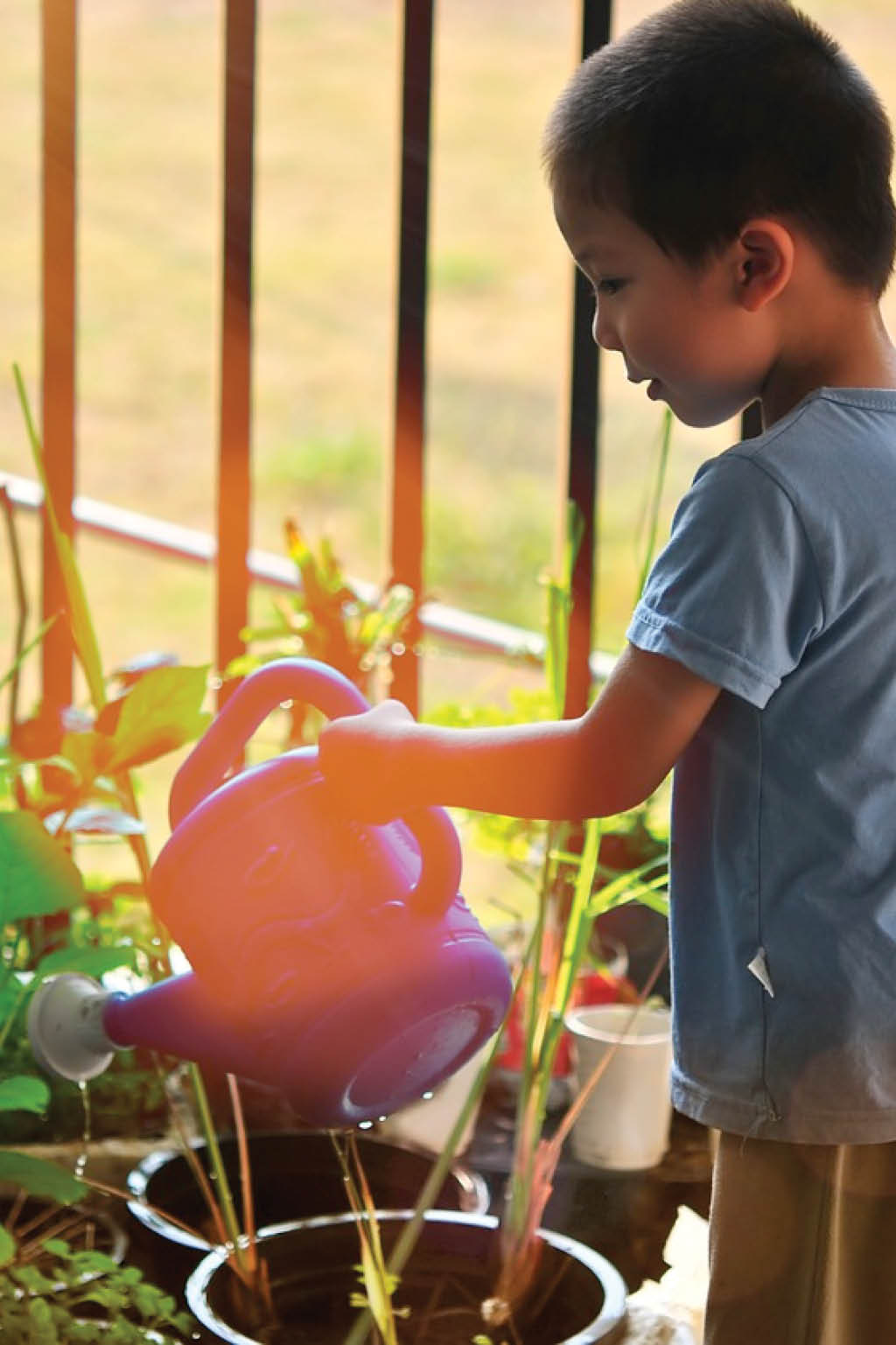 Young boy watering plants with watering can