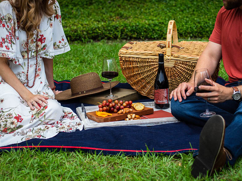 Couple on picnic with wine and cheese