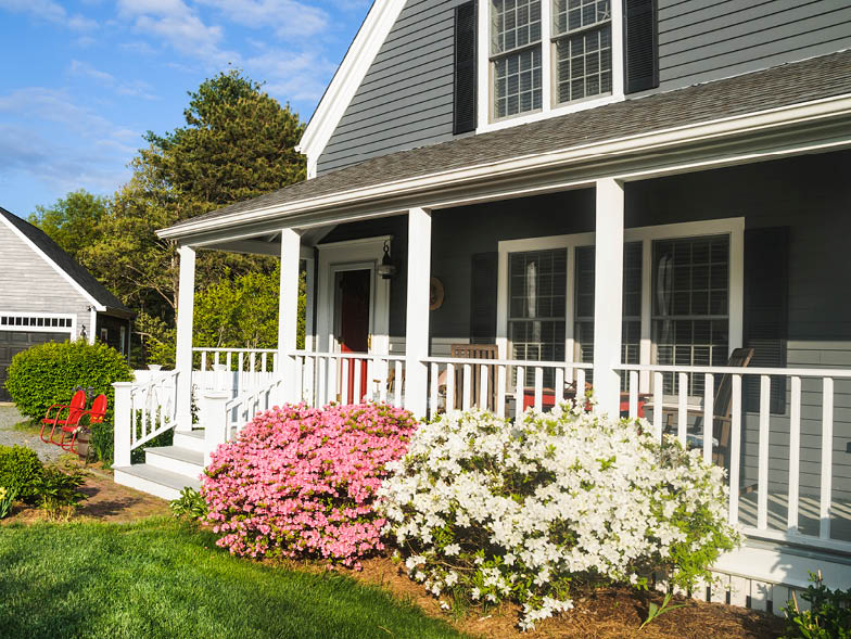 Front of house with pink and white flowering bushes
