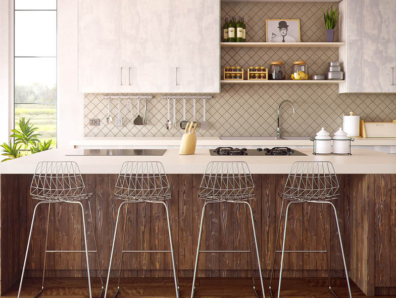 Organized kitchen with wire barstools