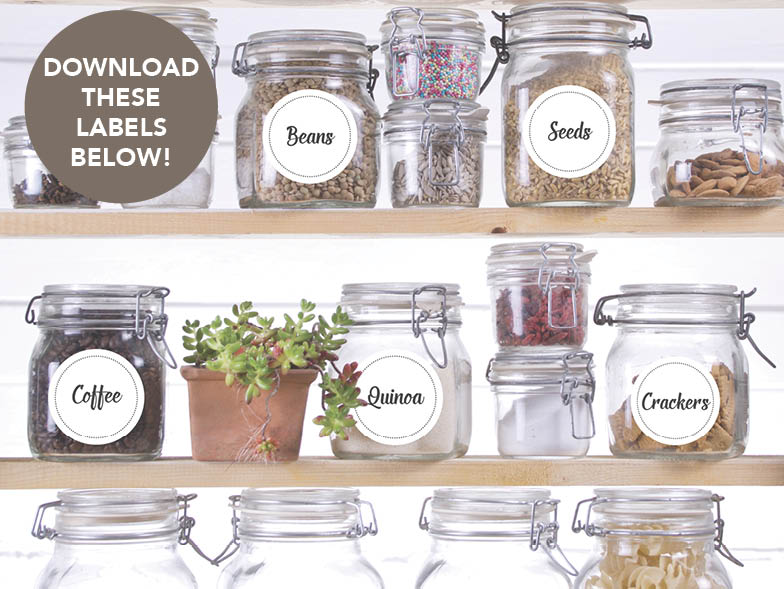 Labeled jars in pantry with option to download below