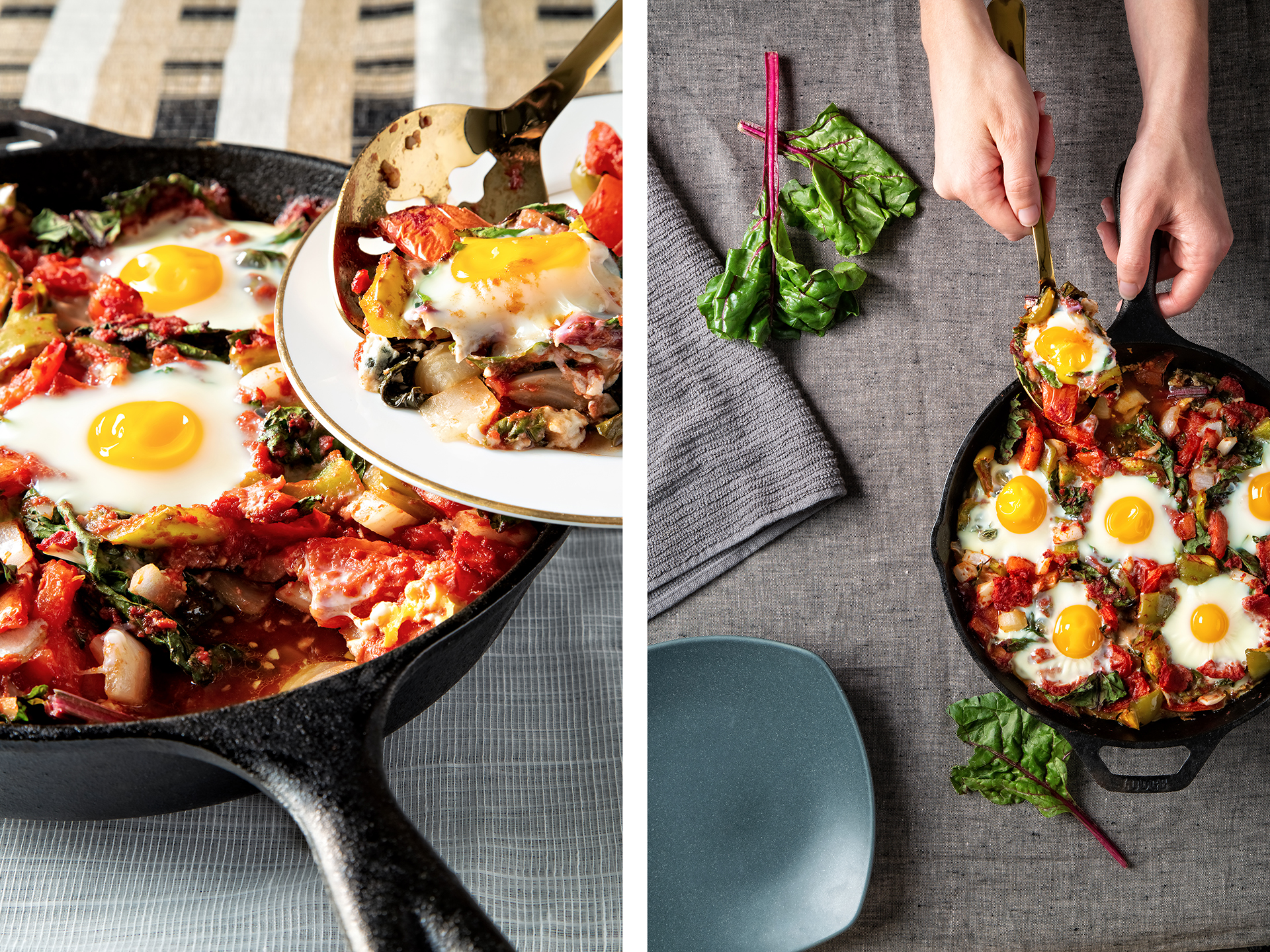 Pan of shakshuka with eggs and vegetables
