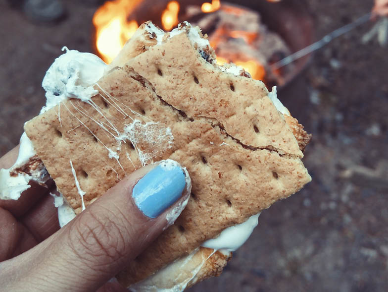 Woman's hand holding s'more with bonfire in the background