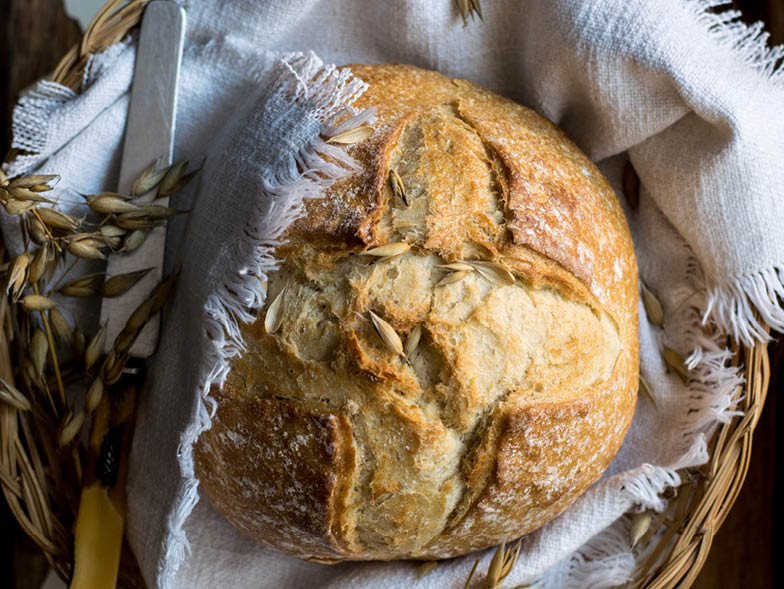 Loaf of sourdough bread in basket