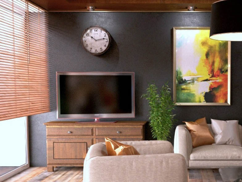 Flatscreen television against dark gray wall in living room