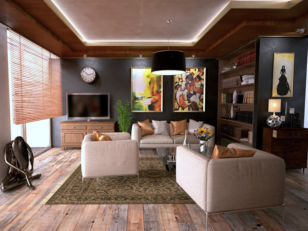 Living room with dark wood accents