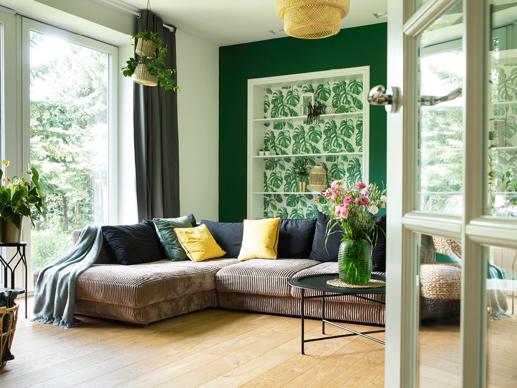 Living room with green and yellow accents