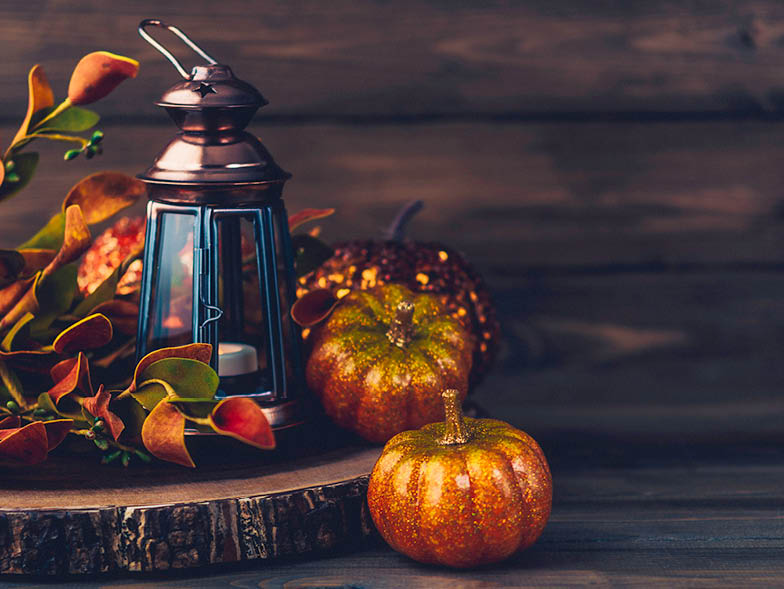 Lantern with tea light next to pumpkins