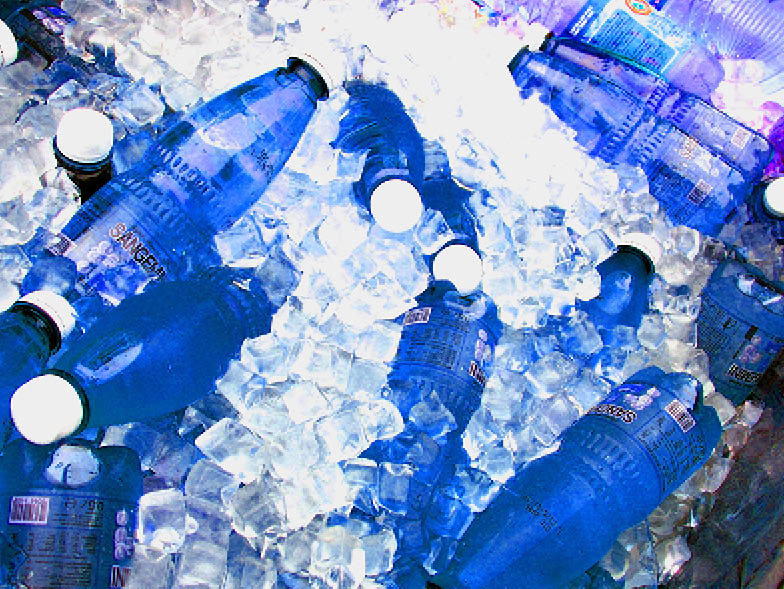 Water bottles over ice