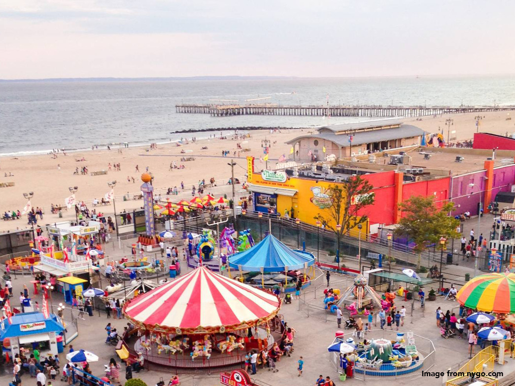 Aerial view of Coney Island amusement park during day
