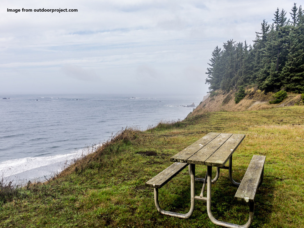 Bench on grassy hill overlooking large body of water