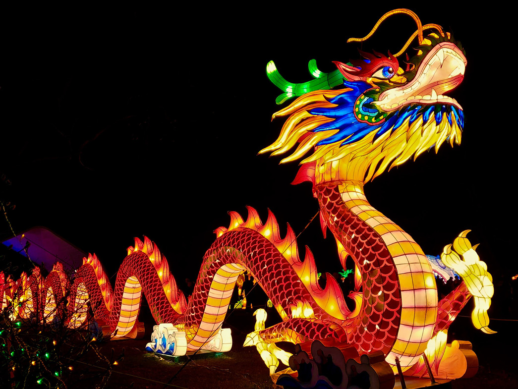 Large dragon sculpture lit up
