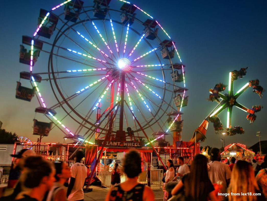 Crowds surrounding Ferris wheel at night
