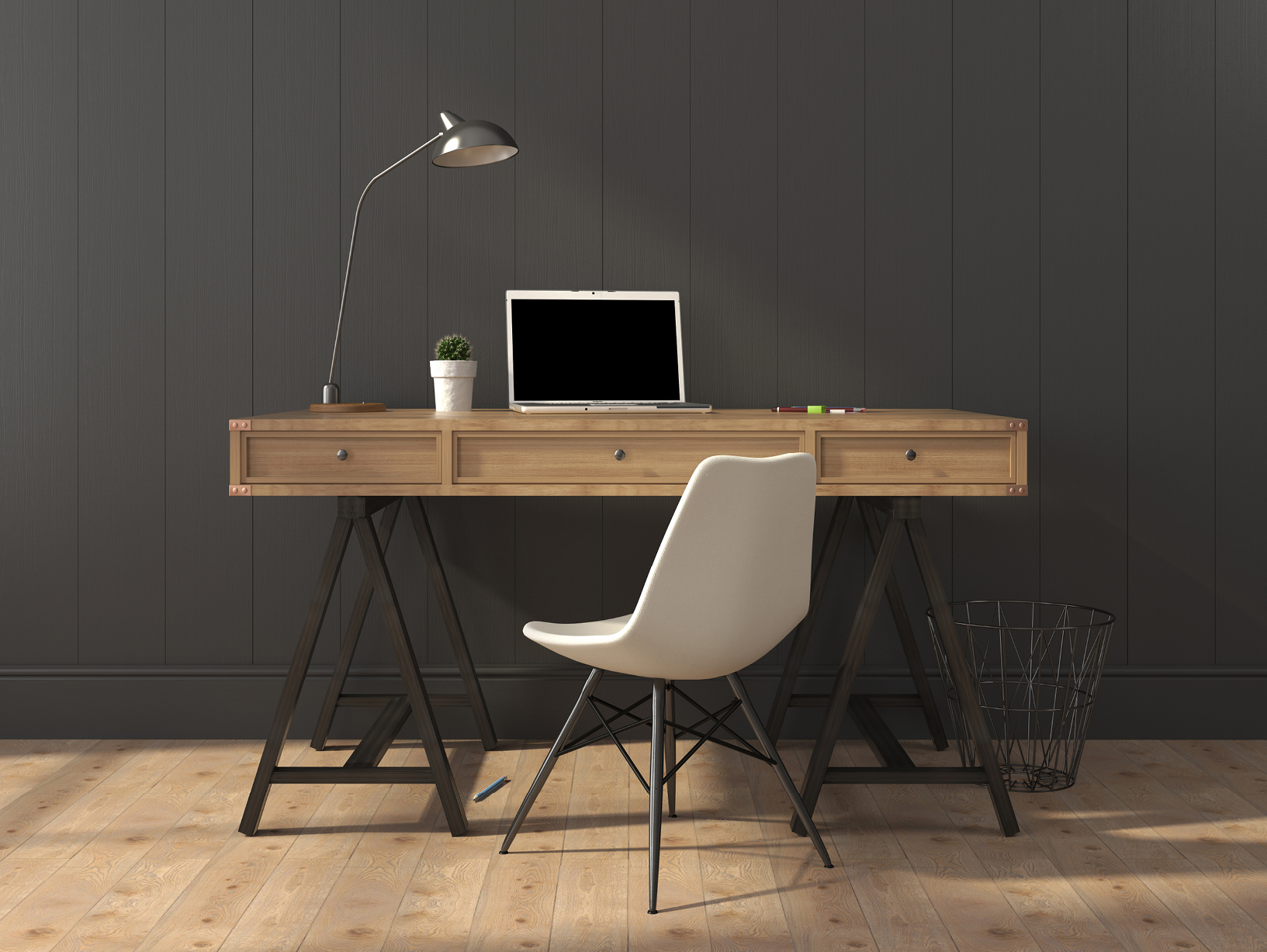 wooden desk with white chair and laptop