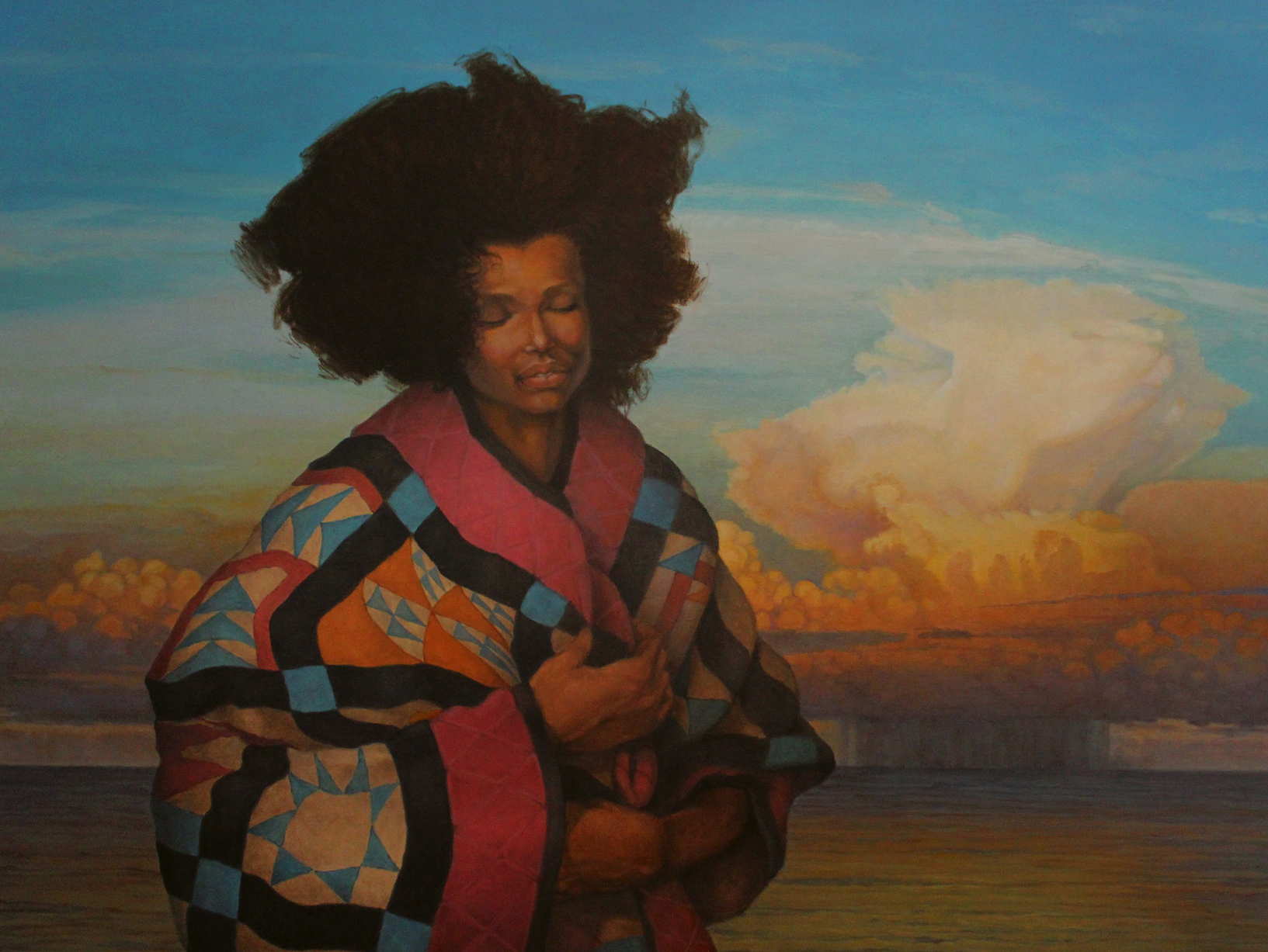 painting of woman in blanket standing in field