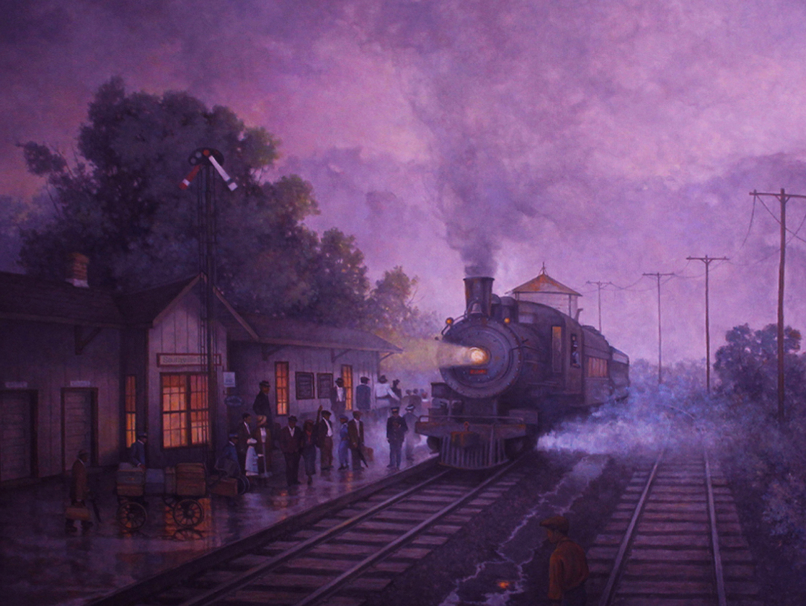painting of train at night