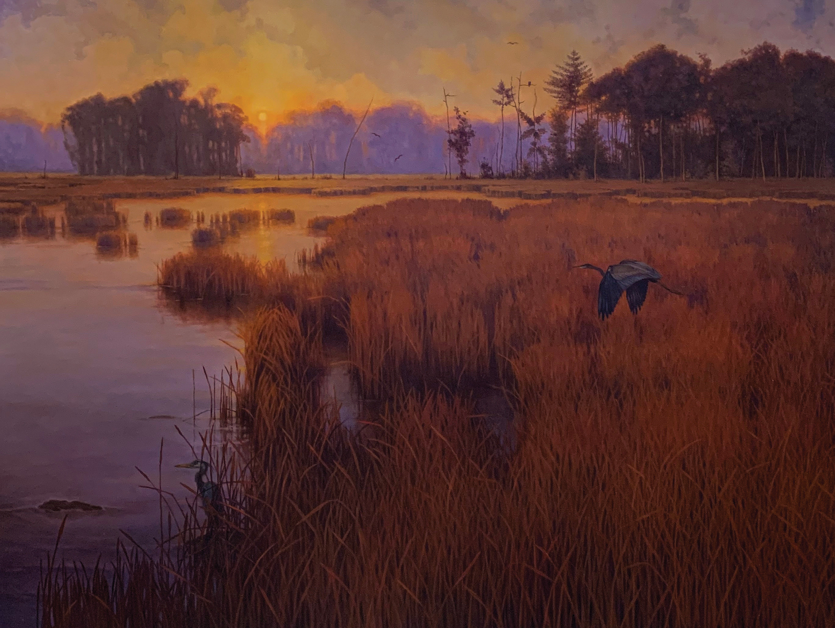painting of waters edge with yellow grasses