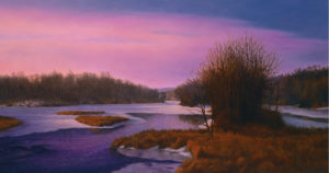 oil painting of water scene at sunset