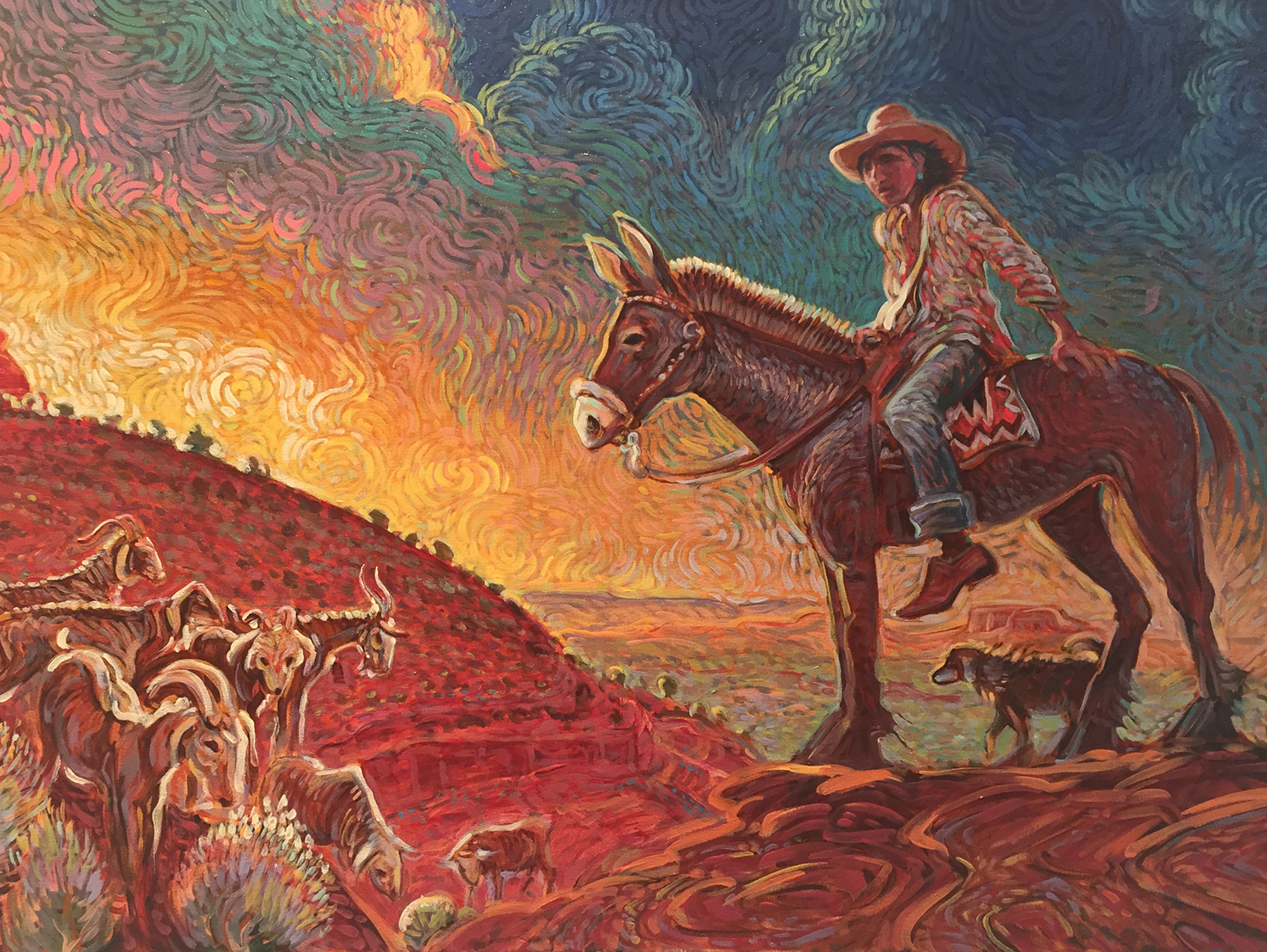 painting of man on donkey at sunset
