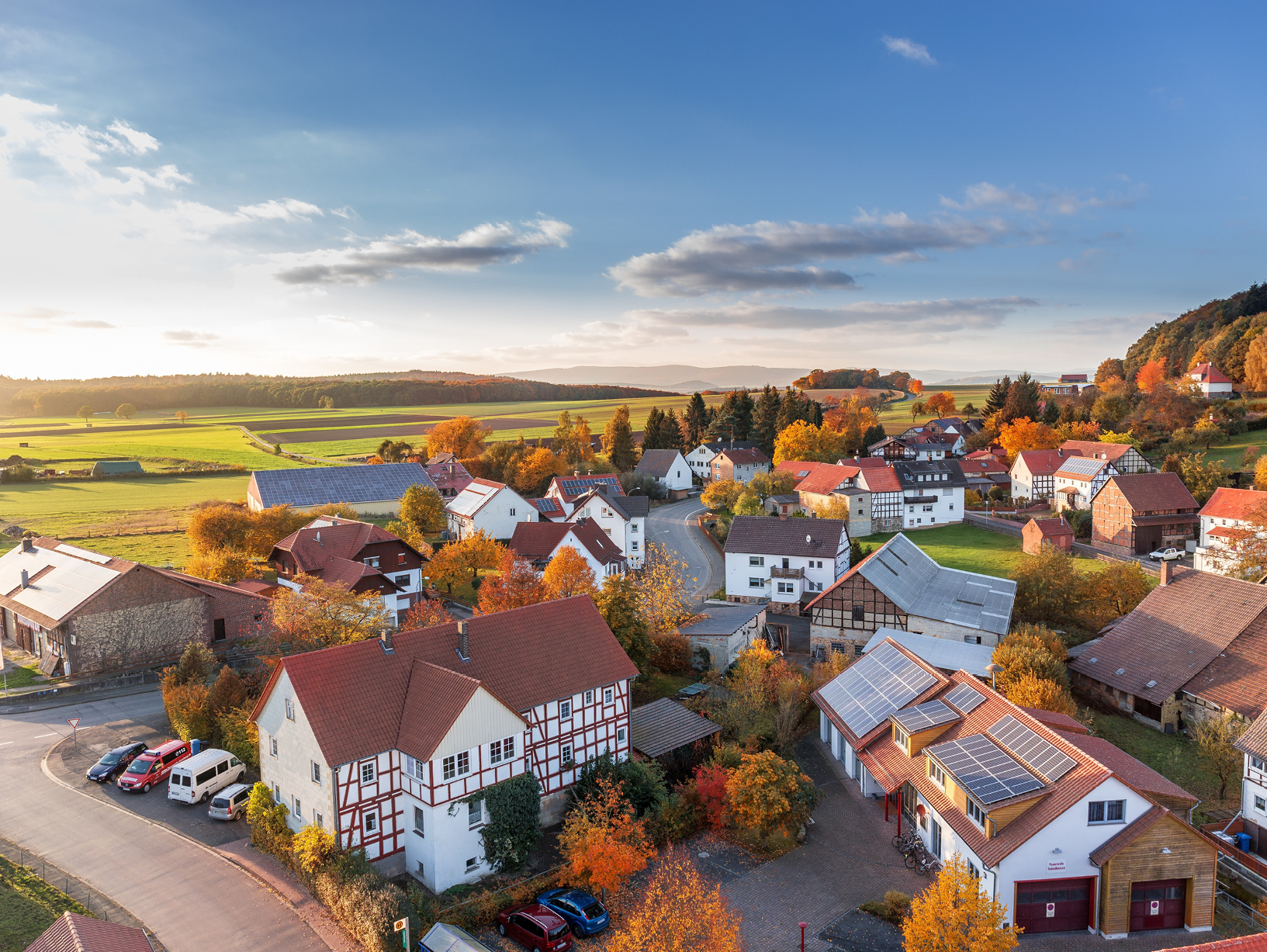 aerial view of neighborhood in fall