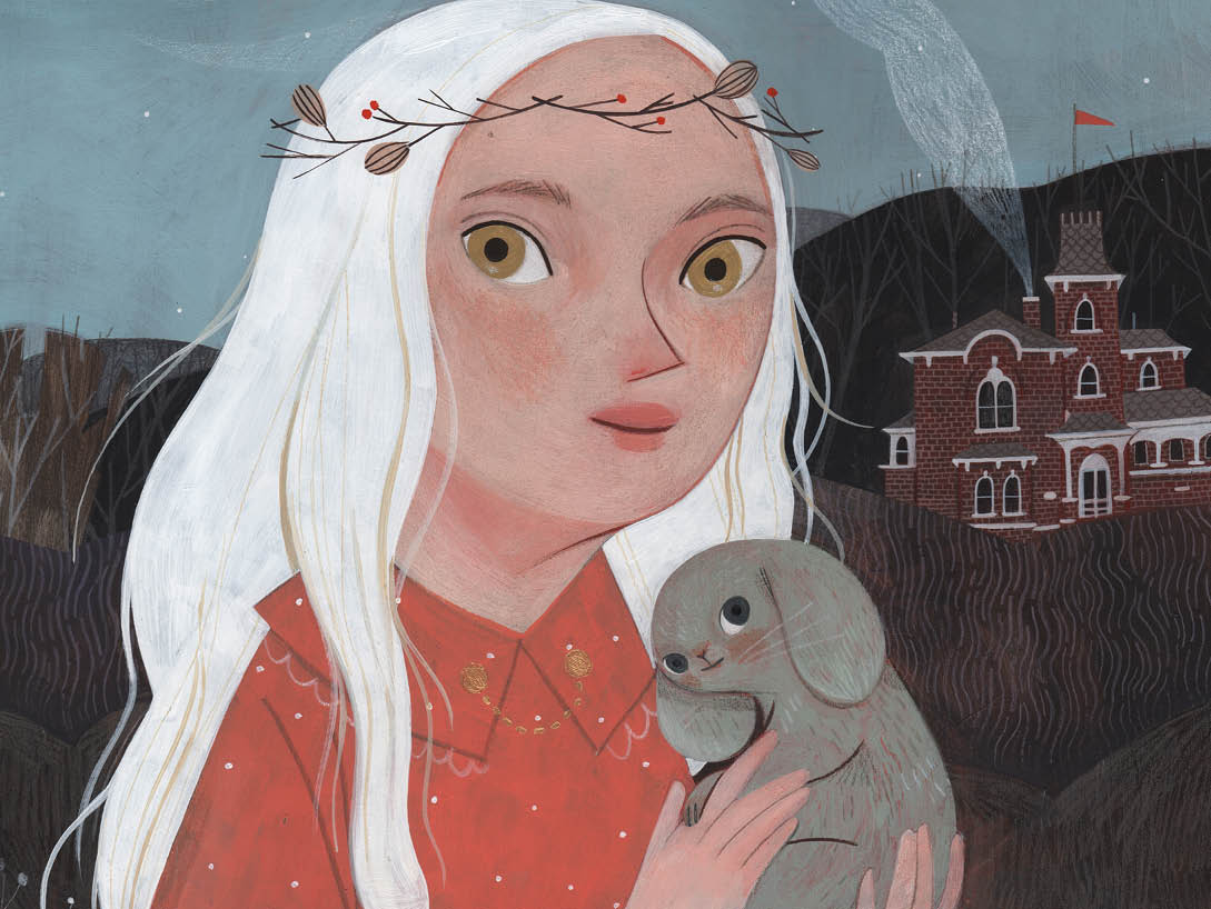 illustration of woman with long white hair holding rabbit