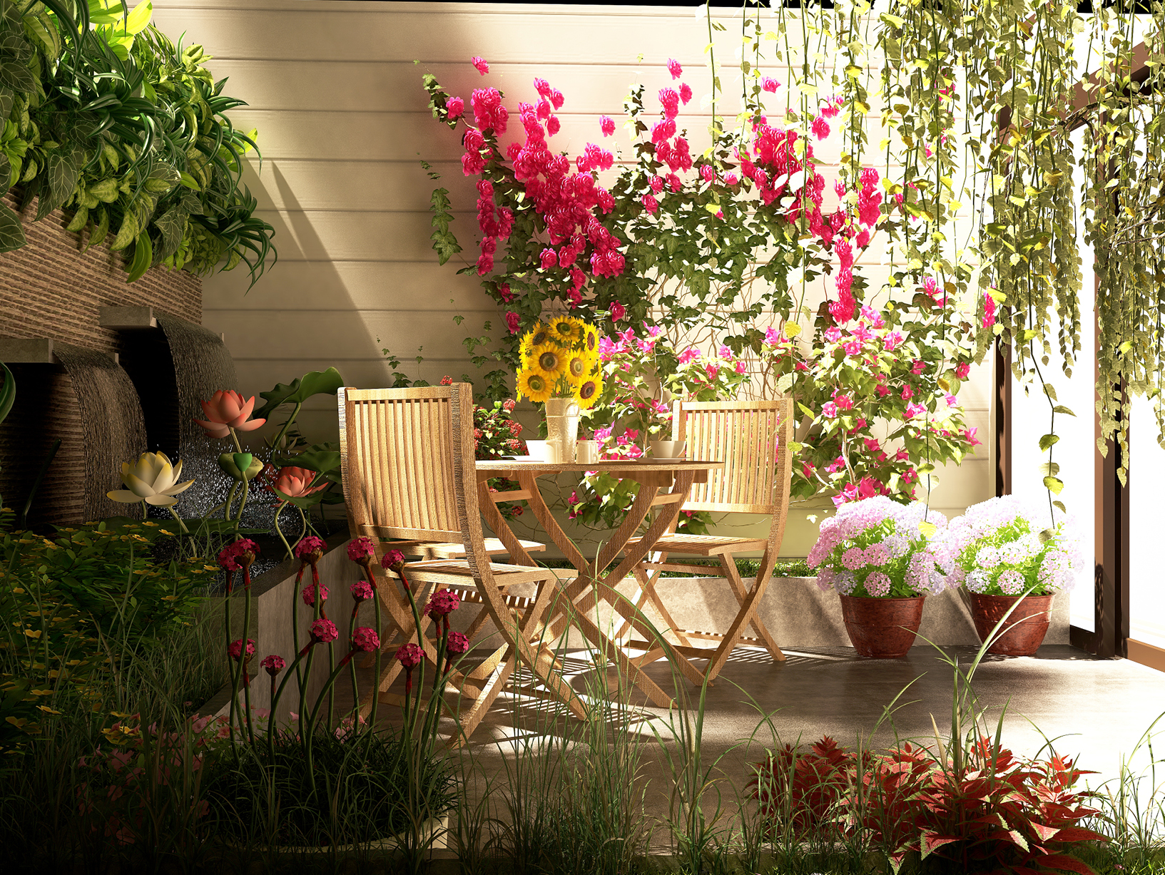 patio furniture and flowers