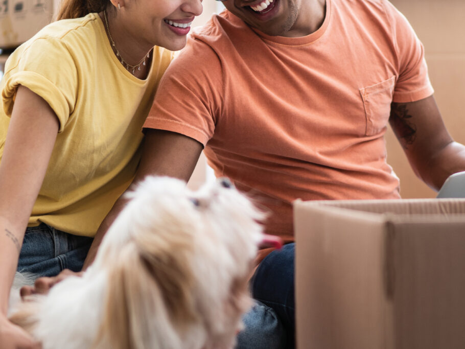 Couple packing moving boxes with dog